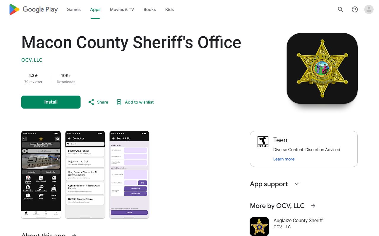 Macon County Sheriff's Office app listing for inmate information access